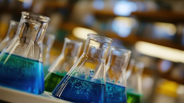 Bubbling blue and green solutions inside laboratory beakers - Powered by Adobe