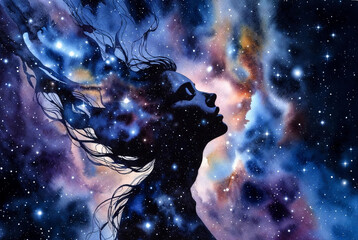 Watercolor woman in silhouette with cosmic background showing stars and colorful nebula at night