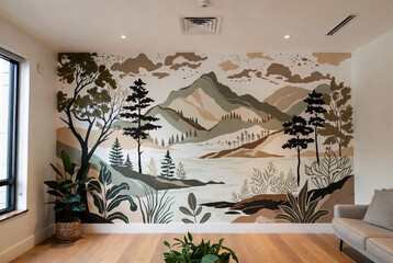 Mural depicting a natural landscape with mountains, trees, and a lake in a modern indoor setting. Contemporary yoga studio empty room.