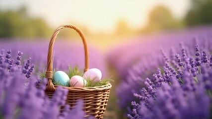 Wicker easter basket filled with colorful painted eggs nestled among blooming lavender flowers in golden sunset field, concept of easter, aromatherapy, spring holiday