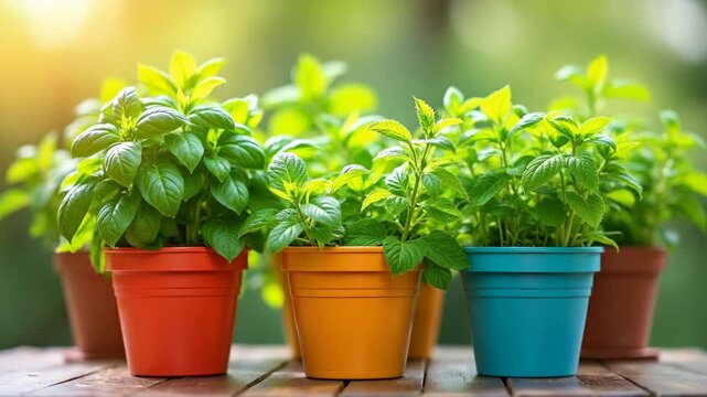 Row of fresh green herb plants in colorful pots on wooden table against blurred garden background, basil mint oregano growing outdoors, concept of gardening, healthy cooking, wellness