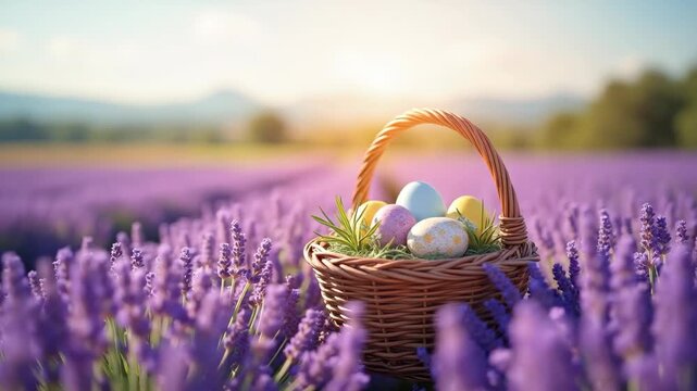 Wicker easter basket filled with colorful painted eggs nestled among blooming lavender flowers in golden sunset field, concept of easter, aromatherapy, spring holiday - Powered by Adobe