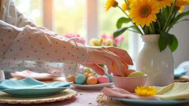 Pastel easter table setting with colorful painted eggs and fresh flowers centerpiece on sunlit dining table with soft napkins and plates, concept of easter, home decor, family celebration