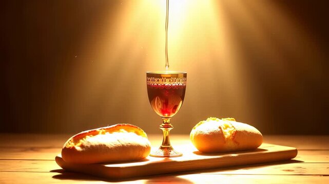 Ornate gold chalice with deep red wine centered between halves of crusty bread on rustic wooden plank under intense glowing spotlight creating reverent and spiritual ambiance