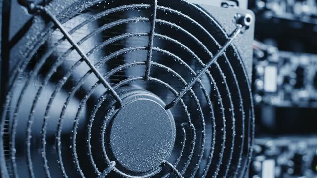 In a bustling tech workspace, strong server fans create a steady stream of cool air. Their rhythmic rotation showcases efficiency and care for vital equipment in operation.