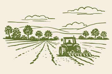 Tractor plowing farmland vintage sketch vector illustration © Victoria