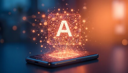 Smartphone with glowing AI network on screen in dark room