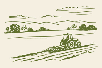 Tractor plowing farmland vintage sketch vector illustration © Victoria