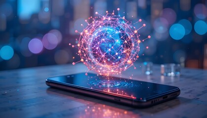 Smartphone with glowing digital network sphere on screen