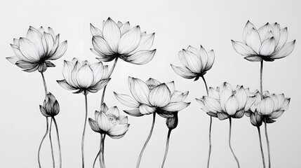 Naklejka premium Elegant Black and White Sketch of Blooming Lotus Flowers on Thin Stems.