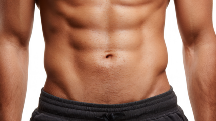 Sporty woman is showing her flat belly while wearing a gray sports bra and sweatpants, highlighting her fitness and healthy lifestyle against a transparent background