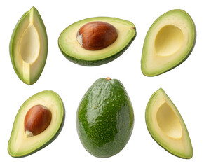 Avocado and avocado slices green avocado brown pit isolated on a transparent background