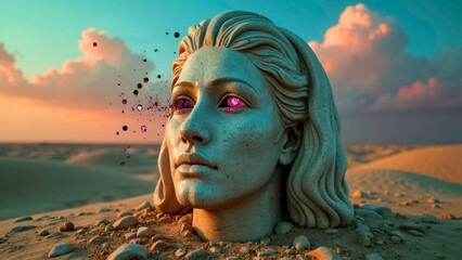 Sand Beach Female Statue Science Fiction Art Illustration