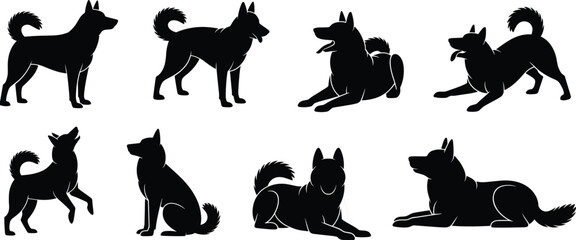 Diverse Silhouettes of Dogs in Various Poses on a White Background animal canine
