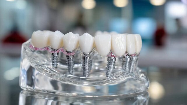 Modern fixed bridge implant model placed in a diagonal composition, white sterile setting emphasizing structural accuracy and clinical refinement
