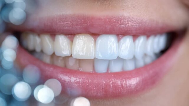 Modern dental clinic promotional graphic, before image subtly muted, after image bright and glossy, enhanced enamel texture and symmetry, soft bokeh enhancing premium cosmetic feel
