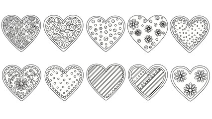 Set of ten intricately designed heart-shaped doodles with diverse patterns and motifs for creative