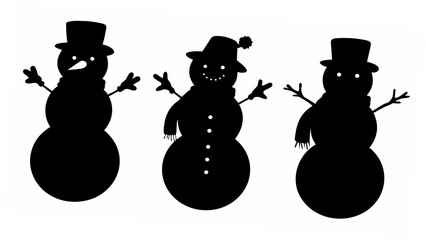 Three cheerful snowmen in black silhouette on white background