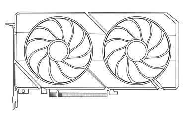 Outline illustration of a video card with two cooling fans. Drawn video card for a modern gaming PC, a component for building or upgrading a computer. Video game equipment