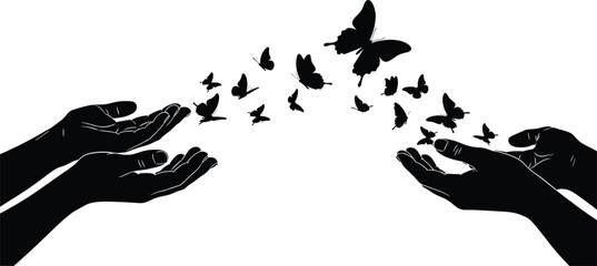 Butterfly release and transformation icon set, black silhouette illustration of hands and symbolic nature gesture concept graphic