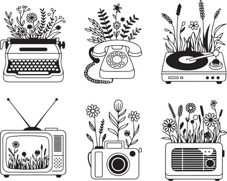 Six vintage technology objects filled with botanical illustrations, flowers and plants, hand-drawn style, transparent background