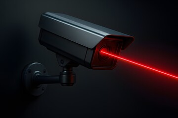 CCTV security camera with red laser beam scanning in dark environment, symbolizing surveillance, monitoring, protection, technology, and advanced security systems