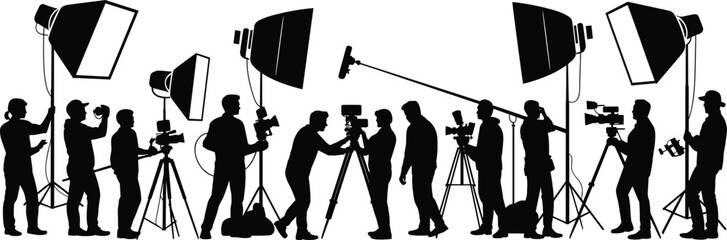 Silhouettes of film crew with cameras and lighting equipment Keywords: film crew, movie production, filmmaking, photography © Lyli9