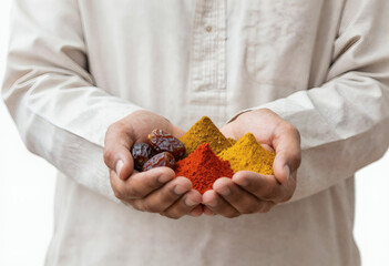 Middle Eastern man holding dates and yellow spices, isolated on white background