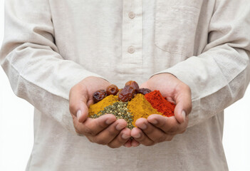 Middle Eastern man holding dates and yellow spices, isolated on white background