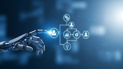 A robotic hand interacting with a glowing blue flowchart or diagram in a futuristic technological interface setting with various icons