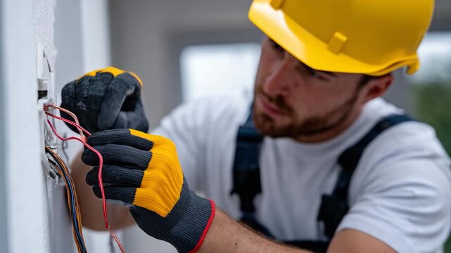 Precision-focused image of electrician fixing wall outlet, gloved fingers carefully positioning copper wires, tools visible around, bright and clean home wall behind