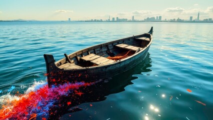 Colorful Wave Solitary Boat Art Illustration