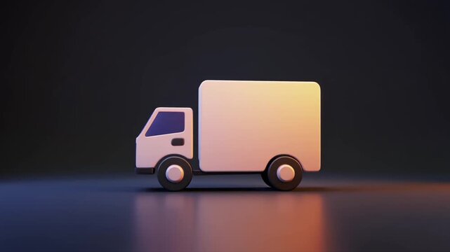 3D White Delivery Truck Icon with Blue Window and Pinkish Glow on a Dark Background Keywords: 3D, delivery truck, van, lorry, vehicle, transport, logistics, shipping, cargo, freight, delivery