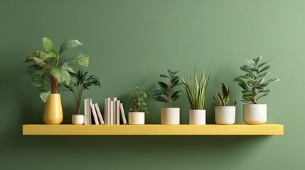 Plants and books on a shelf against a green wall, minimal style