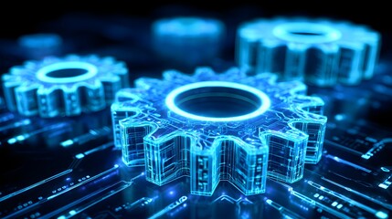 Futuristic Blue Neon Gears Interconnected on Circuit Board Technology Background.