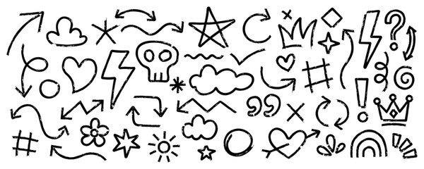 Obraz premium Hand Drawn Brush Doodle Shapes for Graffiti Street Art Poster Design, Funky Sticker Collection with Heart and Star Symbols, Naive Brush Graphic Vector Elements, Bold Marker Scribbles