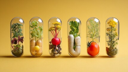 Plants & produce inside clear capsules against a yellow backdrop