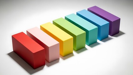 Obraz premium Row of brightly colored rectangular blocks arranged diagonally across a clean white background surface