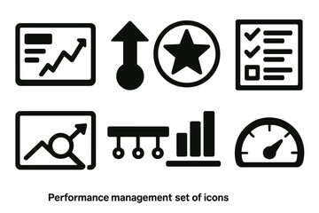 Bold Performance Icons. Performance Management silhouette set: dashboard chart, goal arrow, achievement star, task progress bar, focus graph, timeline view, performance stats, KPI