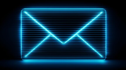 Glowing Neon Blue Envelope Icon on Dark Background.