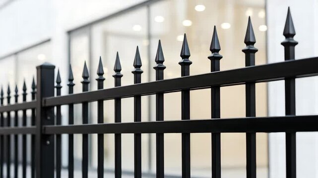 Close up of black metal fence with decorative spires. Security and property boundary concept. Urban landscape architecture element for protection.