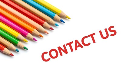 Vibrant colored pencils arranged neatly beside bold red text reading contact us on white background