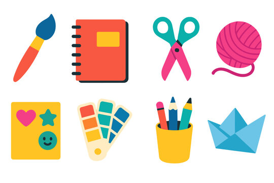 Creative Tools Icons. Creativity Spark Moments modern flat vector icons: paintbrush, sketchbook, scissors, yarn ball, sticker sheet, color palette, pencil cup, folded paper craft