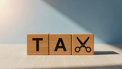 Tax cut concept with wooden blocks and scissors