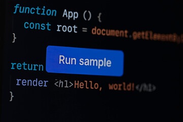 Software coding illustration with run sample button for concept of tech and information.