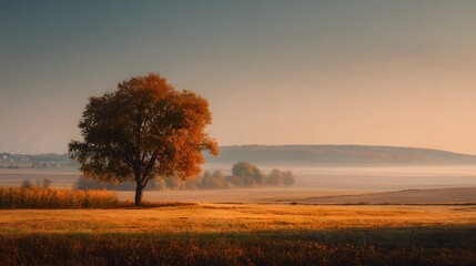 Peaceful European Autumn Countryside with Golden Fields, Morning Mist and Wide.
