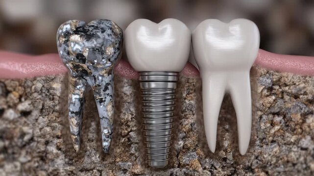 283D medical illustration of premolar implant integration, showing osseointegration process, micro-texture of bone merging with implant threads, annotated teaching visual style