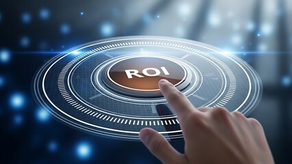 A person interacting with a futuristic roi button on a digital interface with a glowing effect