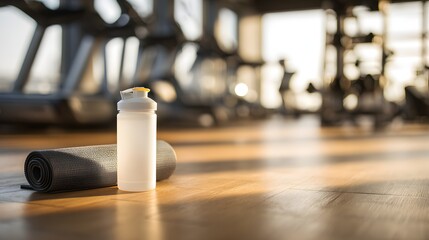 Gym Workout Essentials - Water Bottle and Towel on Wooden Floor.