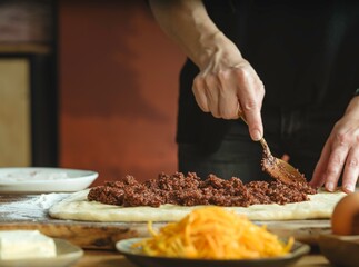 Hands work skillfully to spread a luscious walnut and cocoa filling over soft dough, preparing a beloved Balkan sweet bread known as Kozonac. A cherished holiday tradition